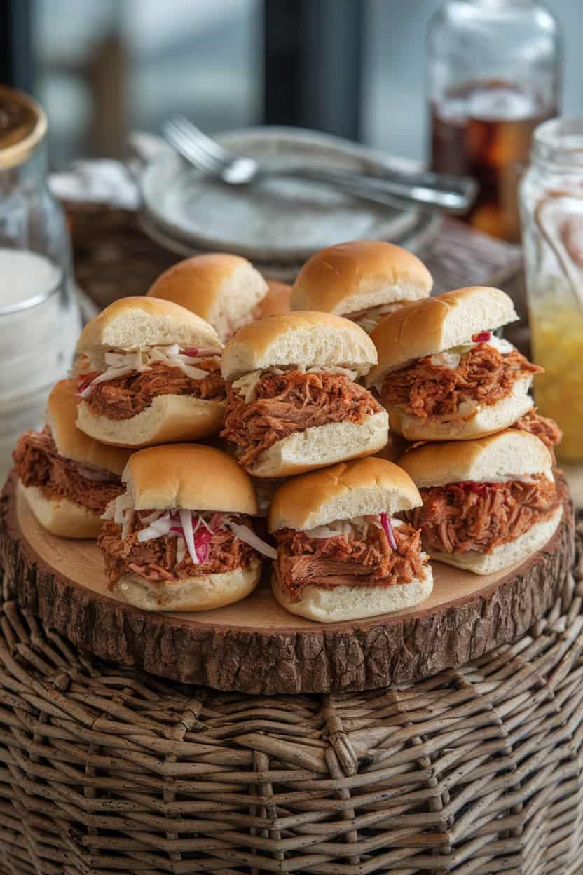 A rustic indoor board stacked with mini buns stuffed with saucy pulled pork and a hint of coleslaw, no text or logos.