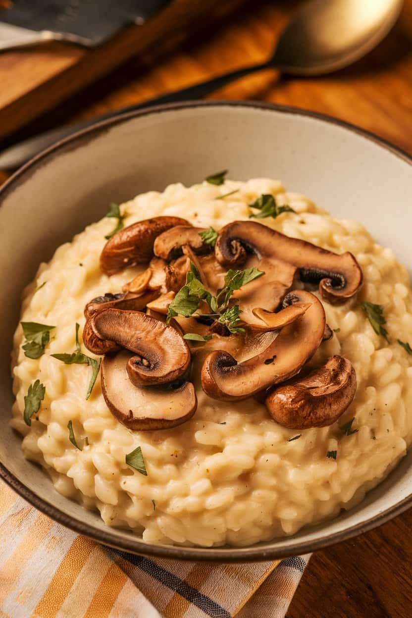 Indoor photo of creamy risotto studded with assorted sautéed wild mushrooms, parsley garnish, no text or logos