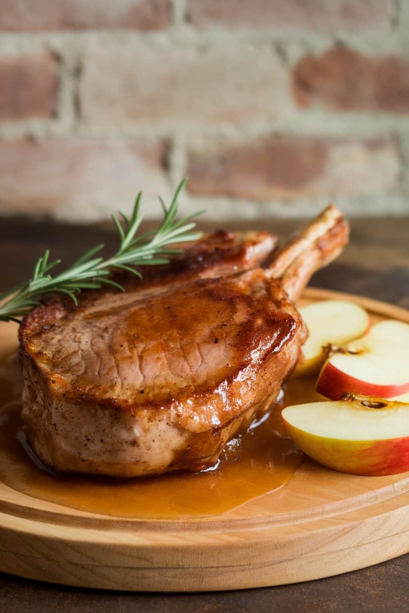 An indoor kitchen counter featuring a glazed pork chop with glossy apple cider reduction, apple slices lightly caramelized on the side, and a sprig of rosemary for color. No text or logos. Photo only.