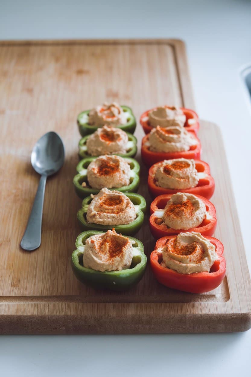 Indoor kitchen counter with halved mini bell peppers neatly filled with smooth hummus and a sprinkle of smoked paprika. Photo, no text or logos.
