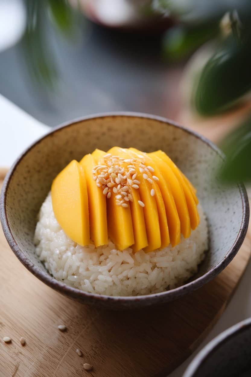 Indoor photo of a shallow ceramic bowl containing glossy coconut sticky rice topped with neatly fanned slices of ripe mango and a sprinkle of toasted sesame seeds. Soft overhead lighting, no text or logos.