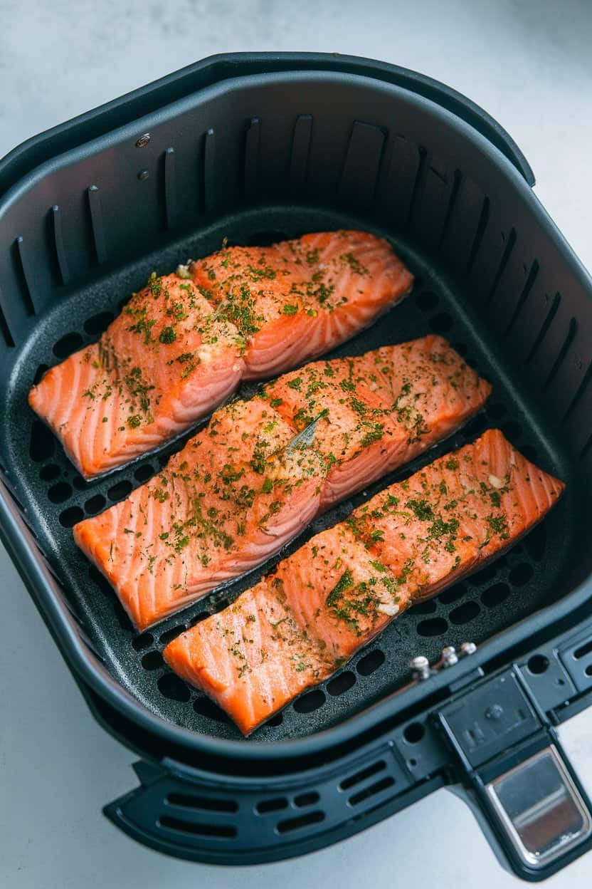Photo of an indoor counter with an air fryer basket holding salmon fillets seasoned with garlic and mixed herbs, edges crisp. No text or logos.