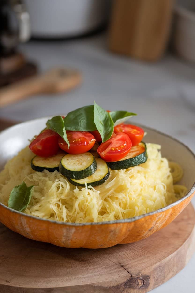 Indoor photo of cooked spaghetti squash strands topped with sautéed zucchini, cherry tomatoes, and basil; served on a shallow bowl, no text or logos