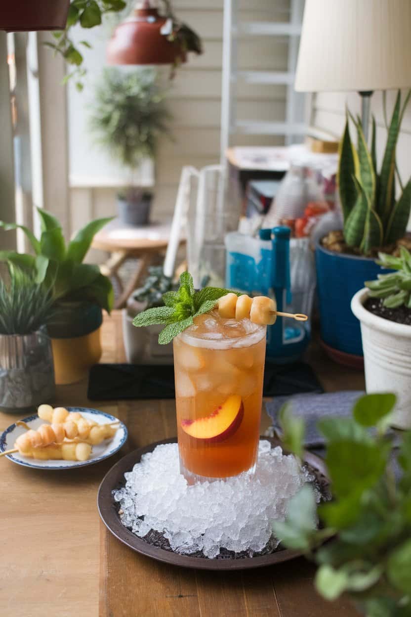 Photo of an indoor porch-style bar, tall glass of amber tea mocktail with peach slices and candied ginger skewer, crushed ice mound; no text or logos