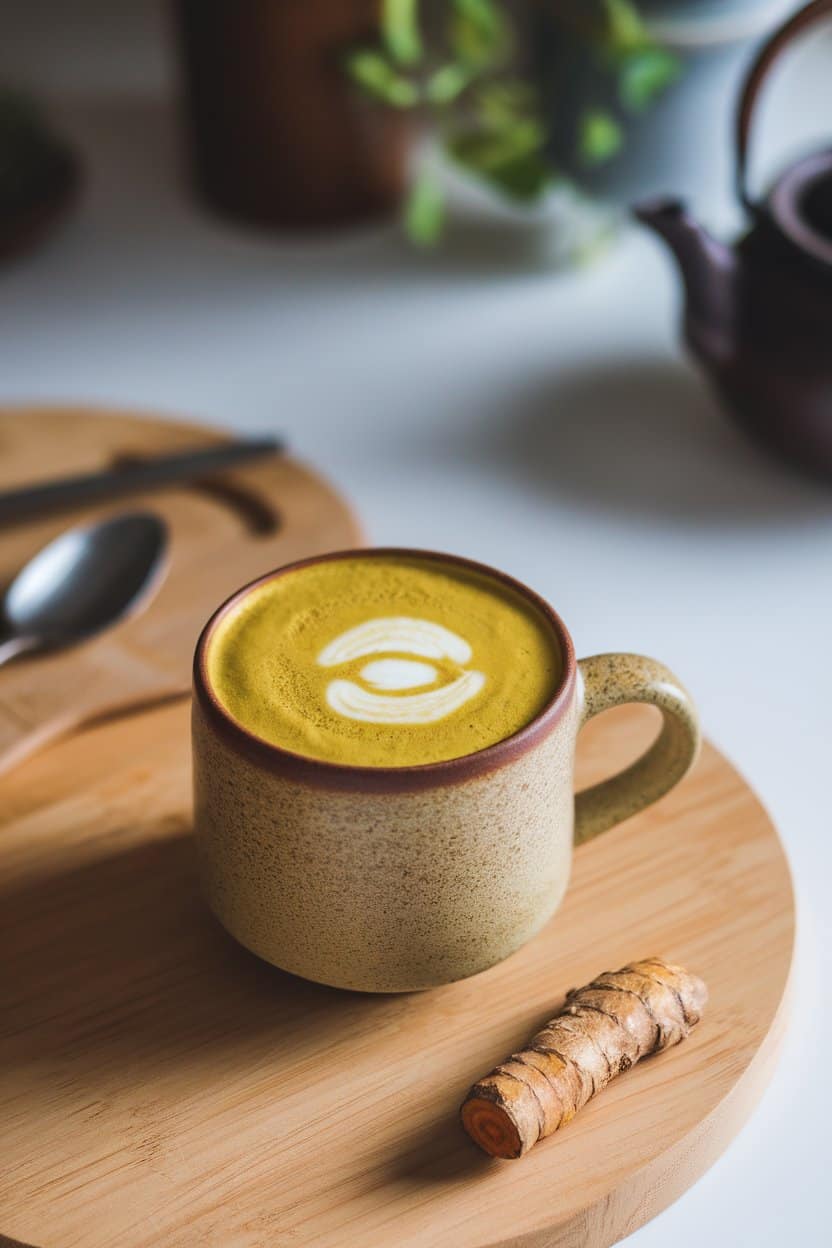 Indoor ceramic mug filled with yellow-green latte, tiny swirl of coconut milk on surface, turmeric root nearby, no text or logos. Photo