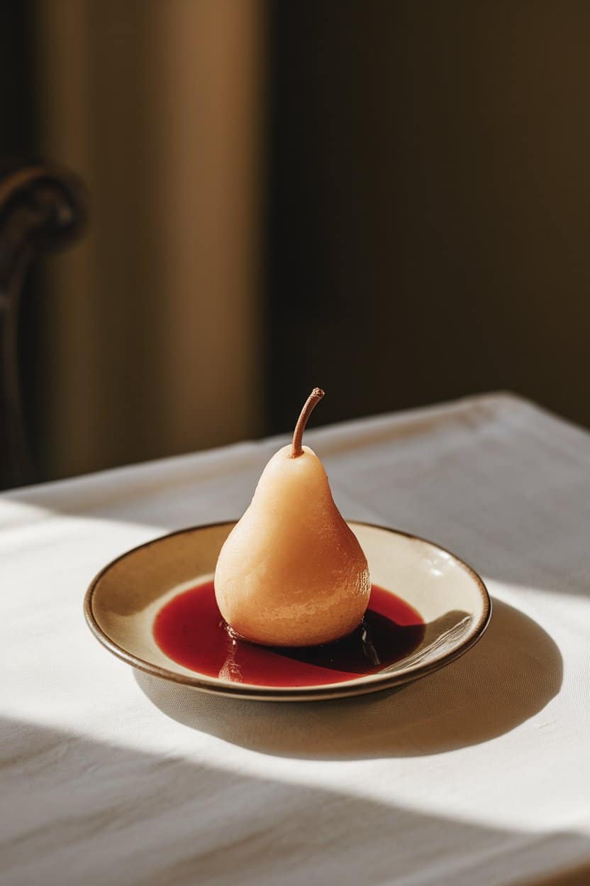 Photo: Poached pear standing upright in a pool of ruby wine syrup on a small plate, indoor dining room lighting. No text or logos anywhere.