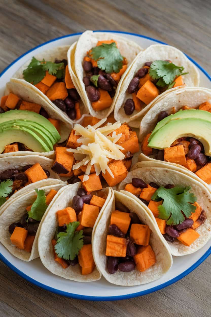 Indoor plate with small corn tortillas filled with roasted chipotle-spiced sweet potato cubes, black beans, avocado slices, and cilantro. No text or logos, photo not illustration.