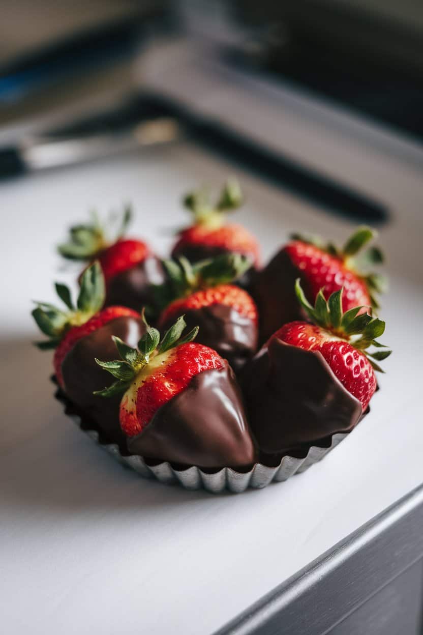 Indoor photo of a small tray of red strawberries half-dipped in glossy dark chocolate, chocolate still slightly soft. Soft overhead lighting, no text or logos.