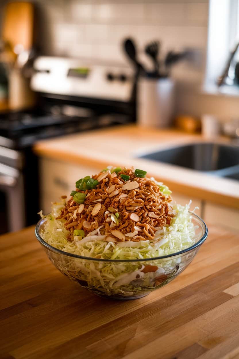 Photo of an indoor kitchen island holding a bowl of shredded cabbage, crushed toasted ramen noodles, sliced almonds, scallions, and sesame dressing, all tossed together. No text or logos anywhere.