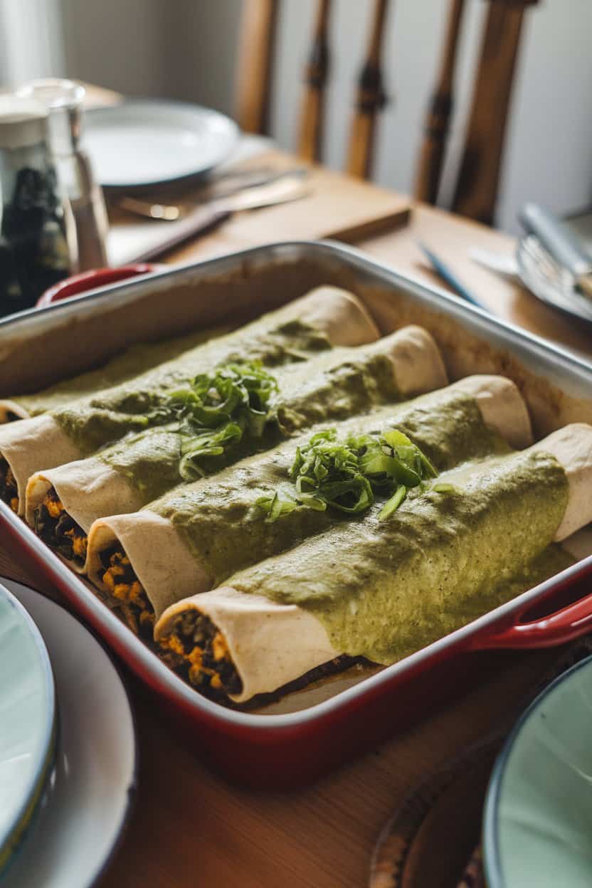 A cozy indoor dining table photo of a baking dish filled with green sauce-smothered enchiladas, tofu and black bean filling visible at the edges; no text or logos on cookware.