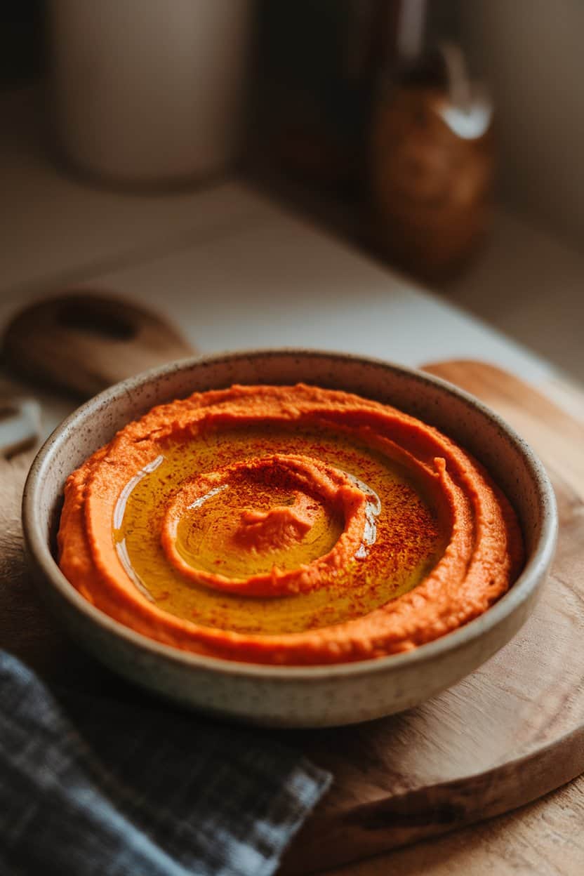 Indoor photo of a shallow ceramic bowl filled with creamy red pepper hummus, garnished with a swirl of olive oil and smoked paprika, on a wooden board; diffused warm light, no text or logos.