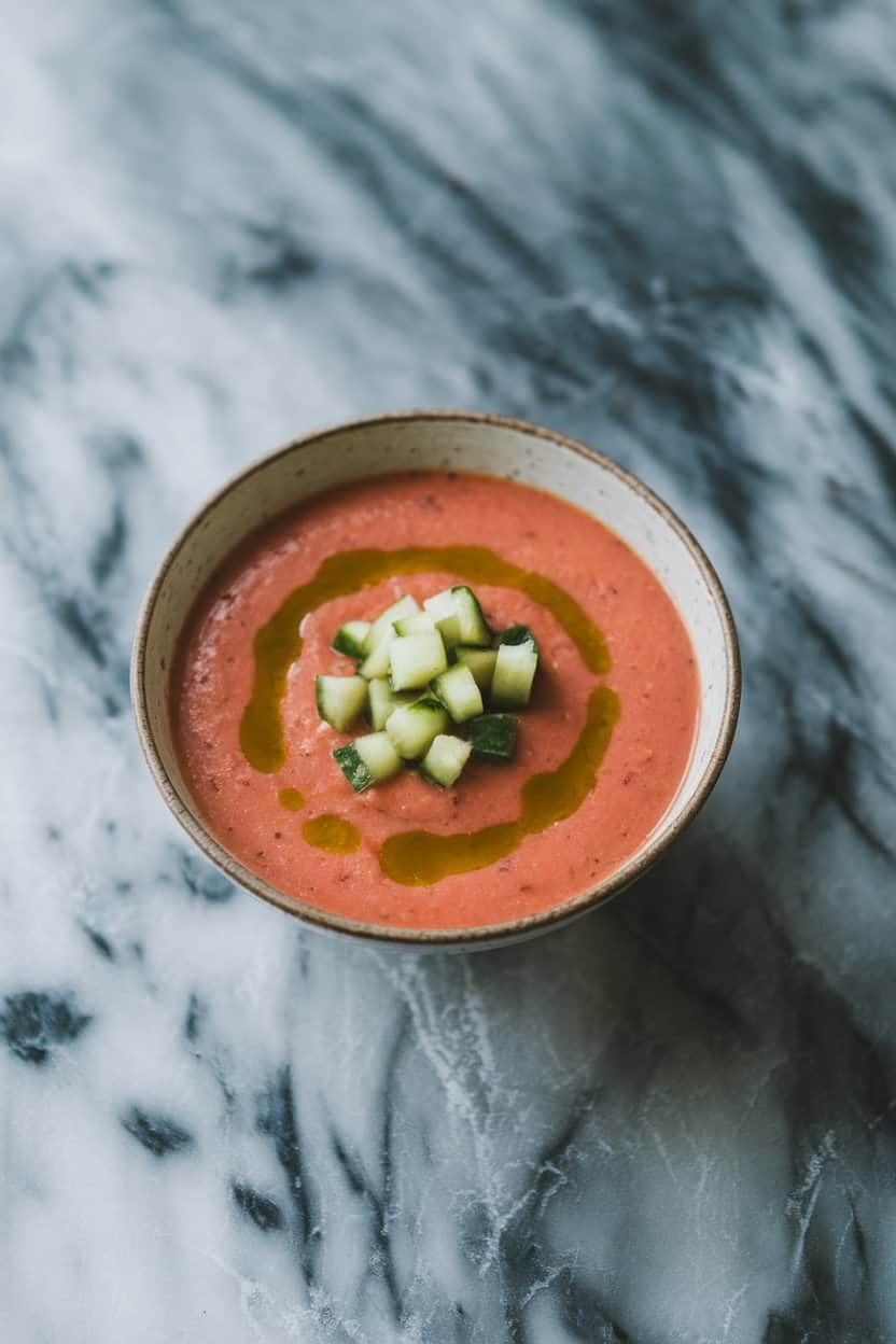 Indoor bowl of chilled gazpacho soup garnished with diced cucumber and a drizzle of olive oil, served on a cool marble surface. No text or logos.