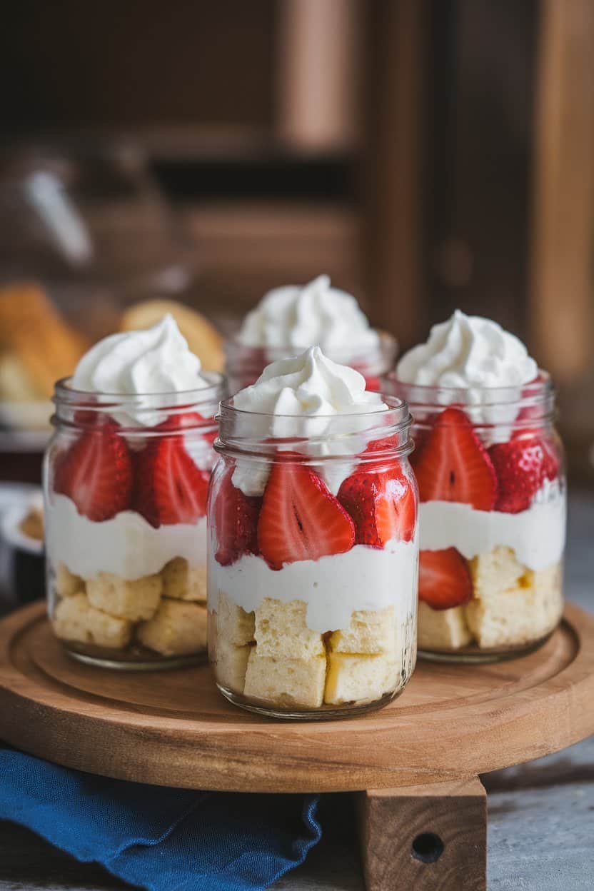 Photo taken indoors of small mason jars layered with cubes of shortcake, sliced strawberries, and whipped cream. No text or logos visible.