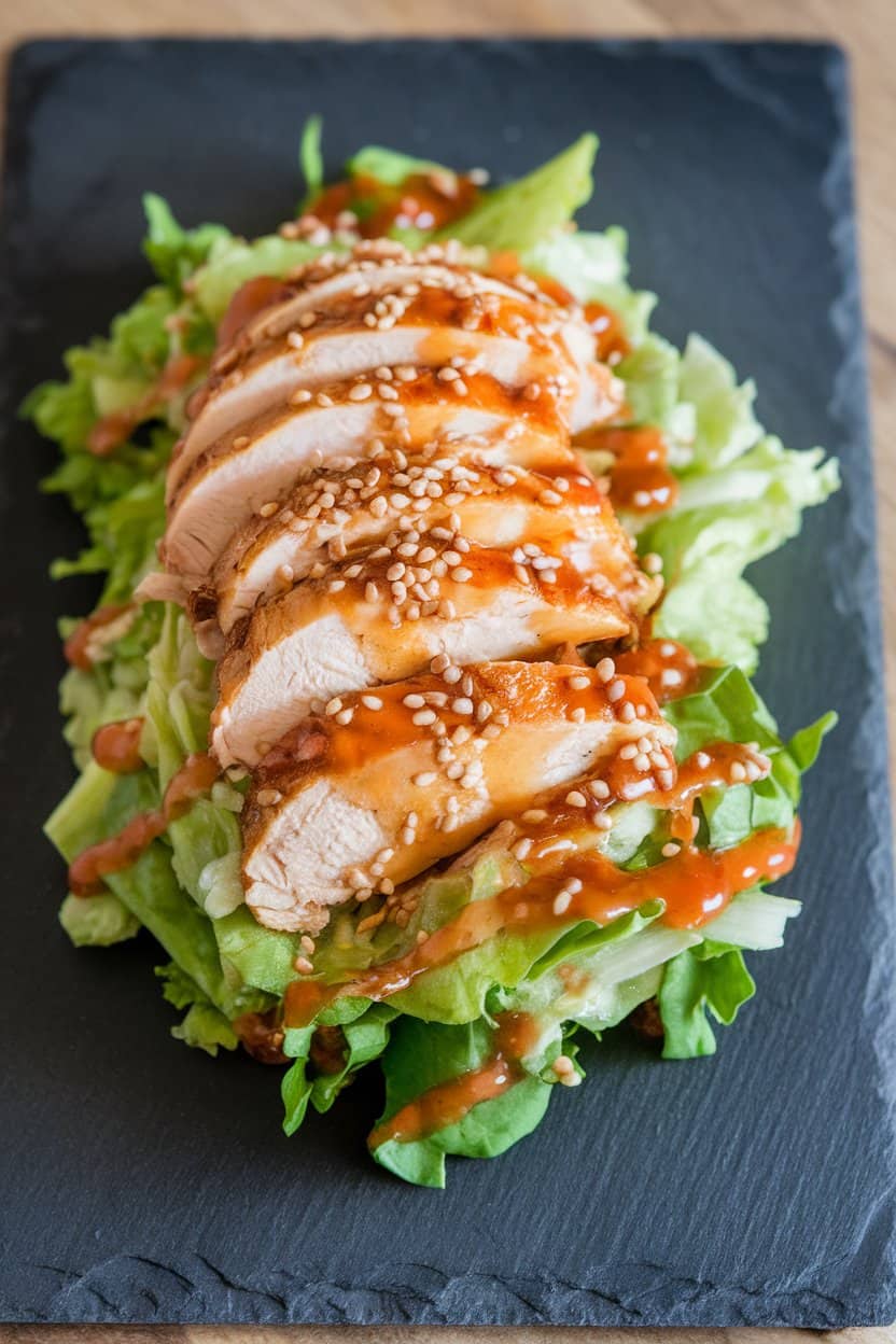 Indoor photo of chicken salad glazed in a pale orange sriracha-honey dressing, garnished with sesame seeds, placed on a slate serving board—no text or logos
