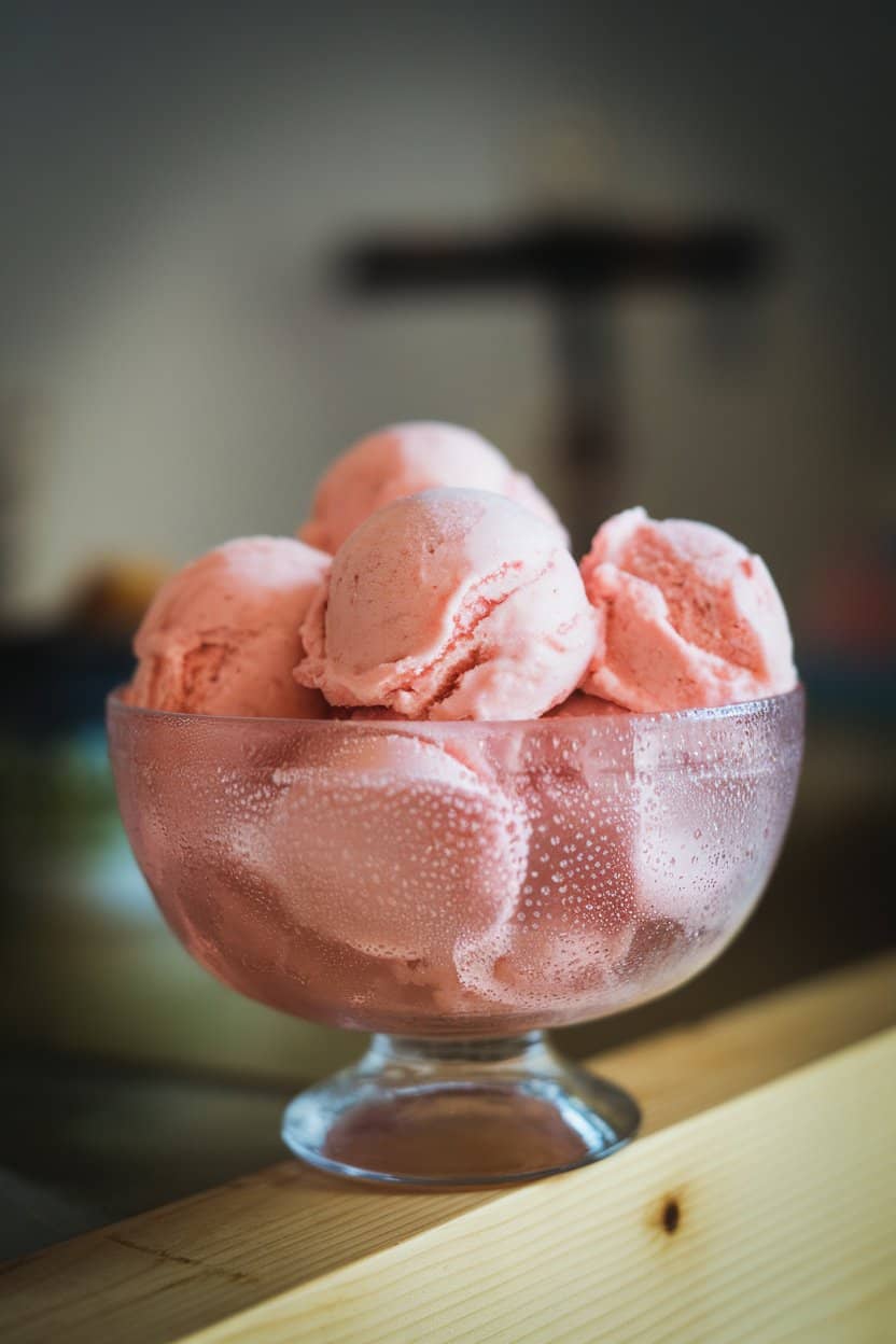 Photo: Scoops of blush-pink sorbet in a chilled bowl indoors, condensation visible on the bowl, no text or logos.