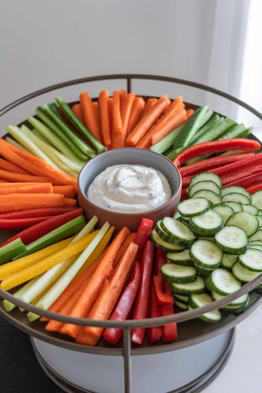 A round indoor serving tray arranged with colorful carrot sticks, bell pepper strips, cucumber rounds, and a central bowl of creamy ranch. No text or branding in scene.