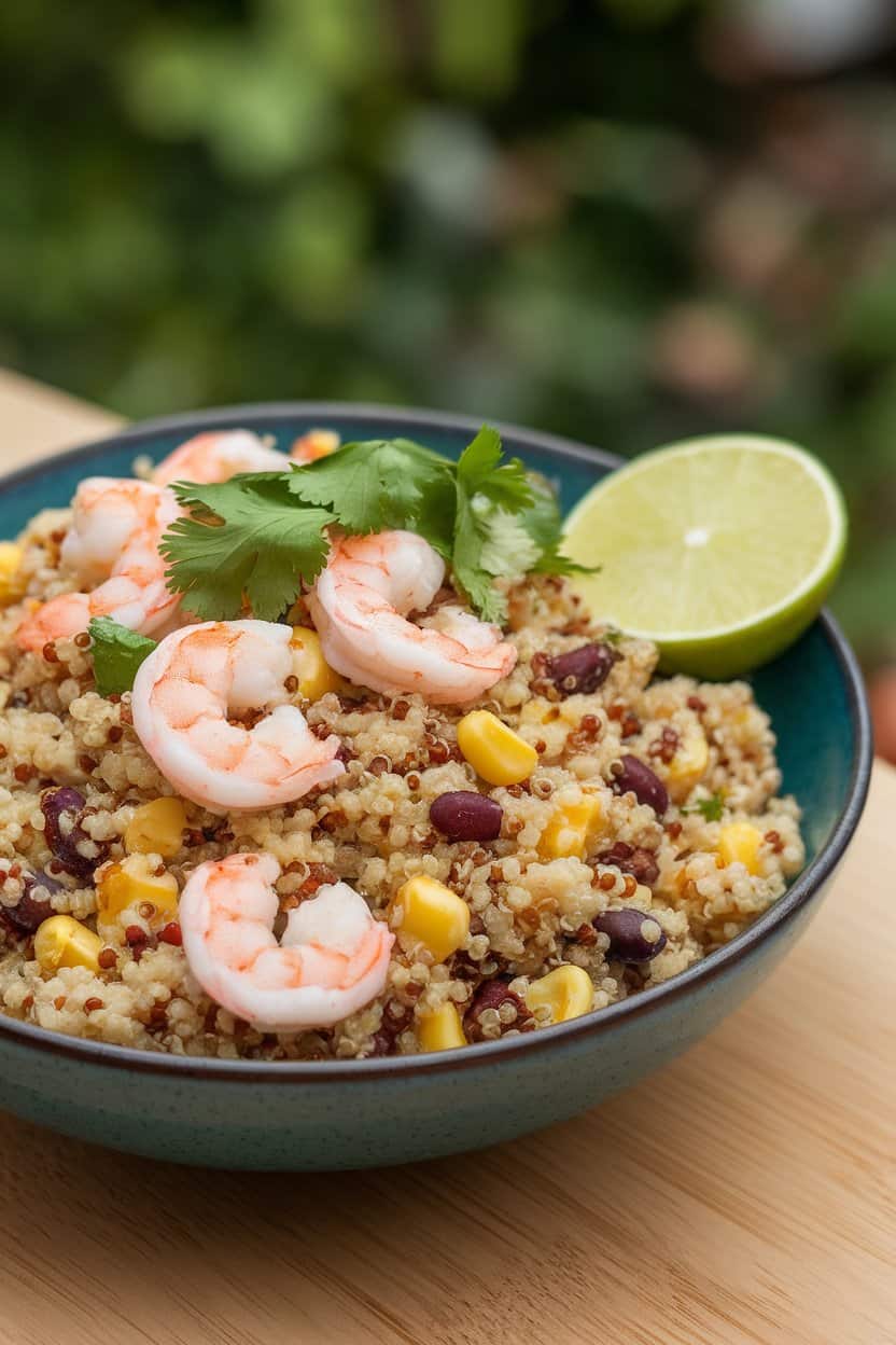 Indoor bowl showing fluffy quinoa mixed with pink shrimp, black beans, corn, and cilantro leaves. Lime wedge on the side, no text or logos.