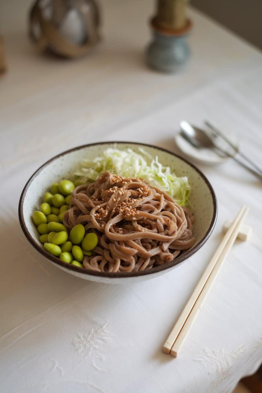 An indoor dining table with a bowl of buckwheat soba noodles mixed with shelled edamame, shredded cabbage, and a light sesame dressing. No logos or text present.