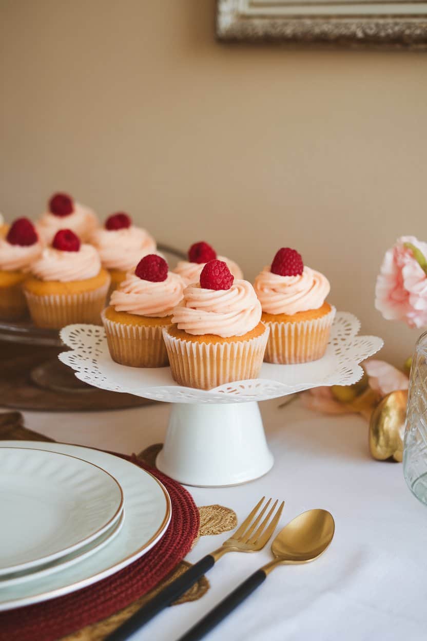 An indoor brunch table with peach cupcakes filled with raspberry jam, topped with peach-tinged frosting and a fresh raspberry. No text or logos.