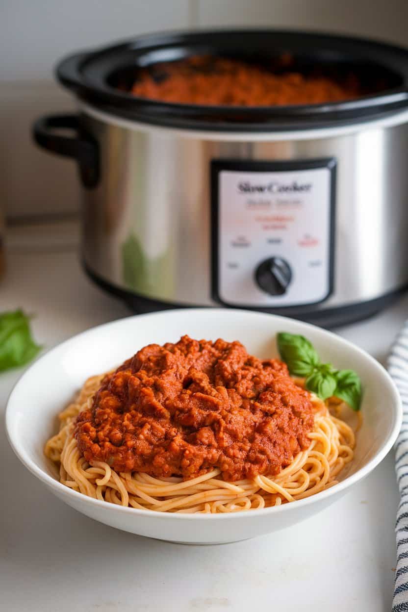 Indoor kitchen counter featuring a wide bowl of whole-wheat spaghetti twirled with rich turkey Bolognese sauce, basil garnish, slow cooker in soft focus. No text or logos.