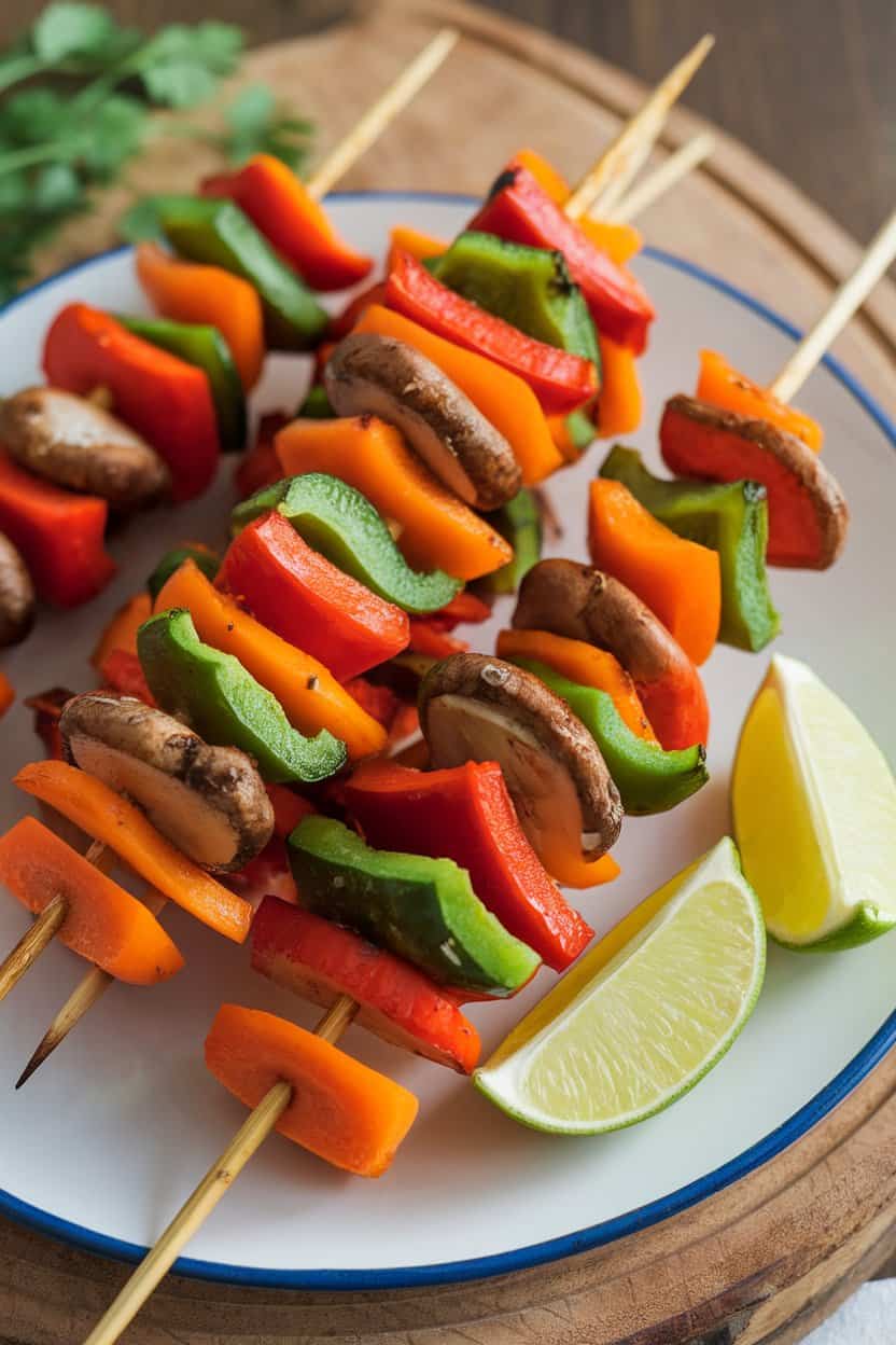 Indoor platter with roasted veggie skewers glazed in red curry sauce, lime wedges nearby, no text or logos.