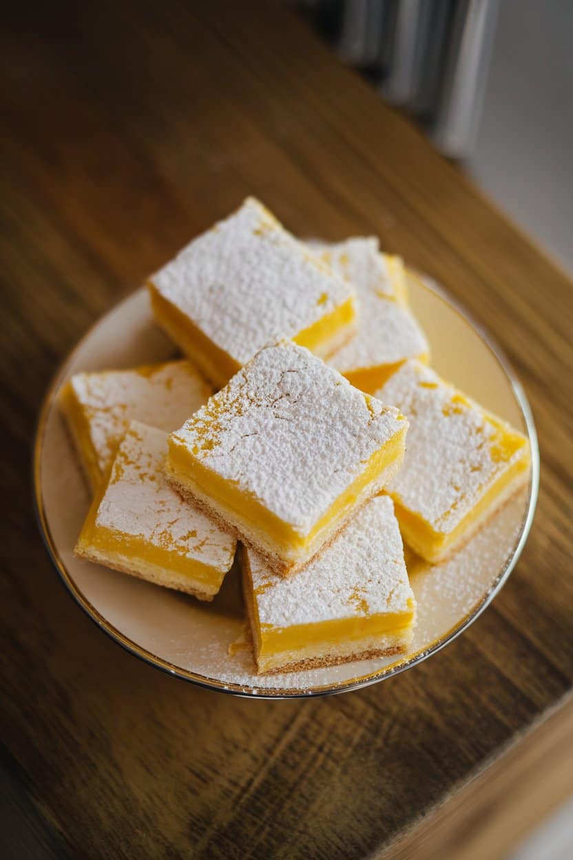 A small indoor plate holding powdered sugar-dusted lemon bar squares, bright yellow filling visible, photographed from a slight overhead angle. No text or logos, photo.