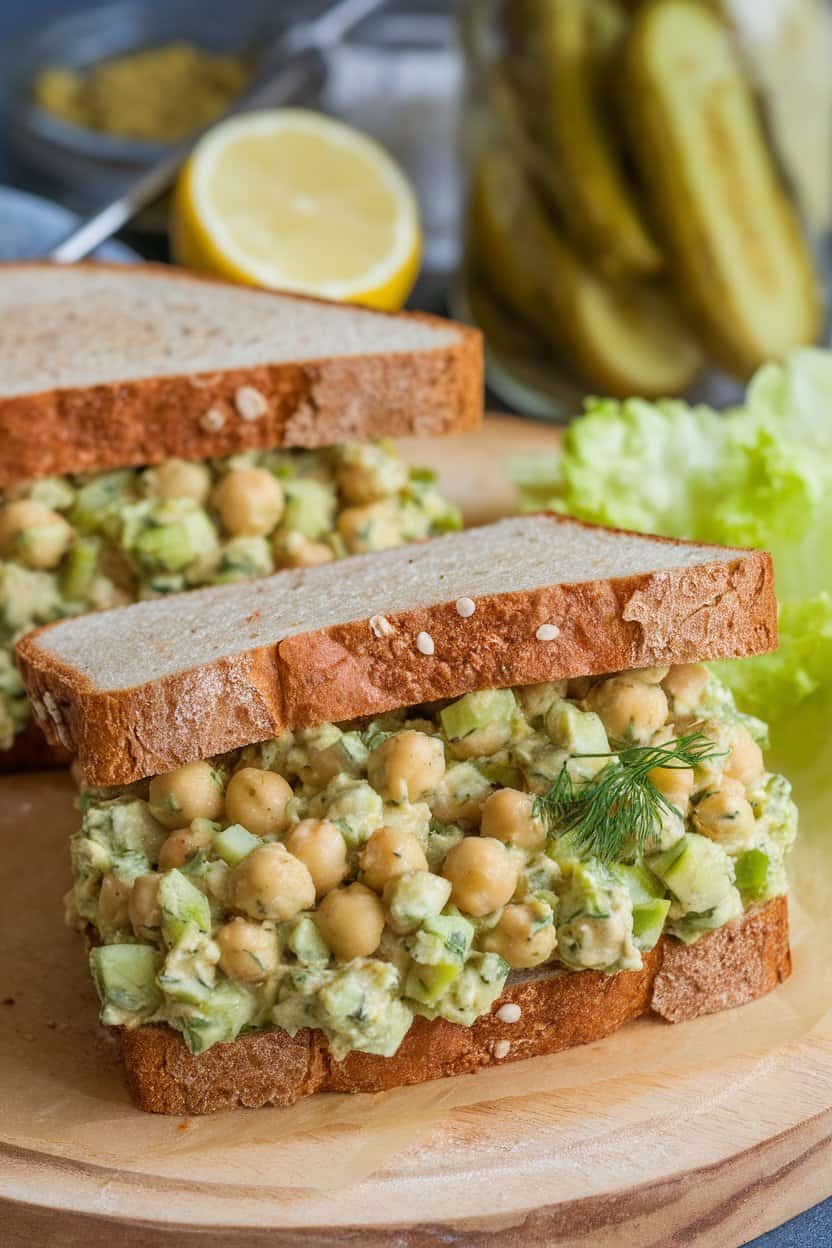 Indoor scene with a sandwich cut diagonally, revealing mashed chickpea salad with celery and dill between whole-grain bread slices, no text or logos.
