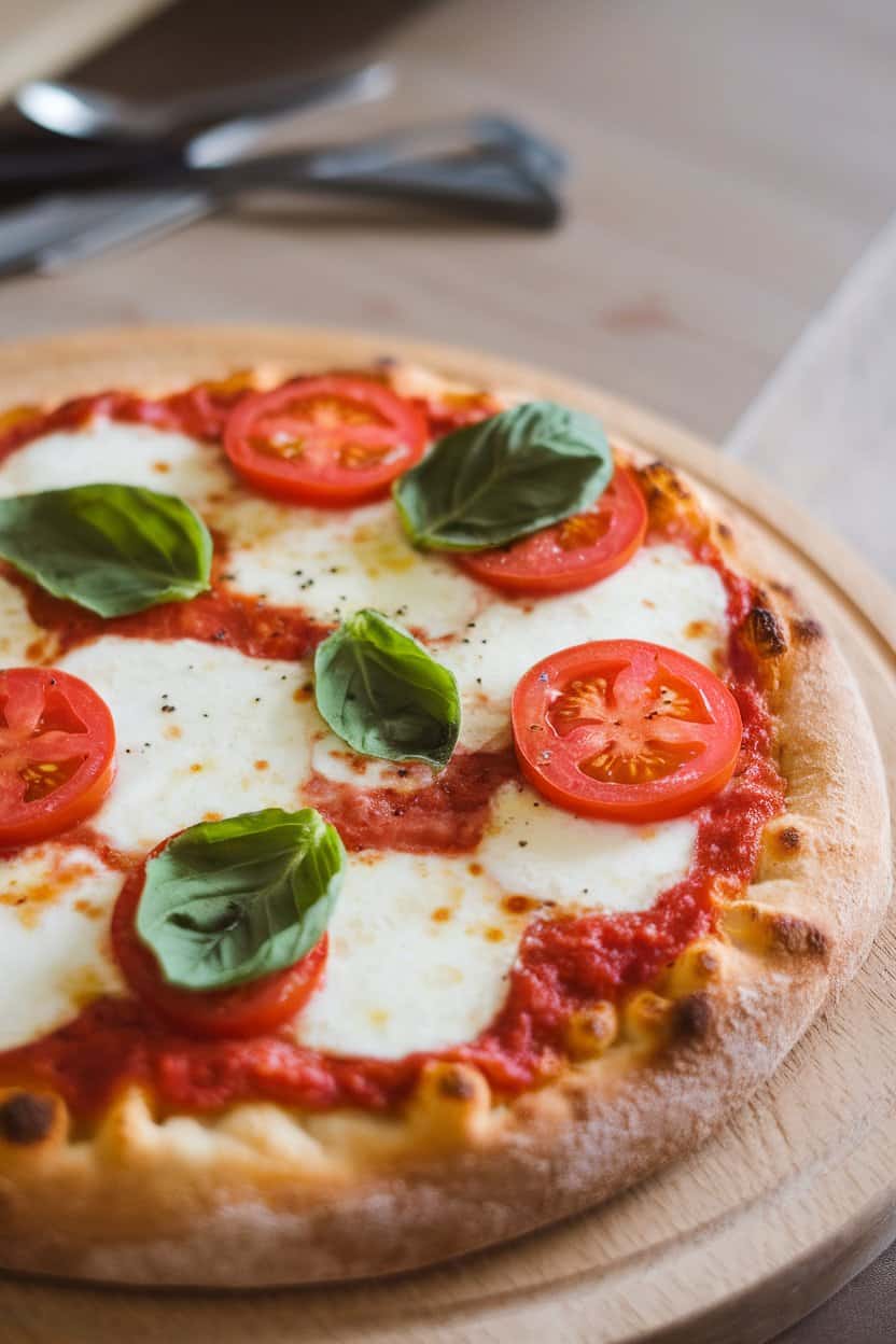 Photo of a baked flatbread pizza on an indoor wooden board topped with melted mozzarella, tomato slices, and basil leaves. No text or logos anywhere.