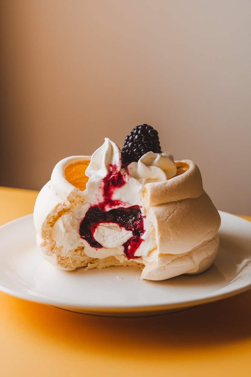 Photo: Mini pavlova shell cracked open to reveal marshmallow-soft center, topped with blackberry puree swirl and whipped cream, indoor lighting. No text or logos present.