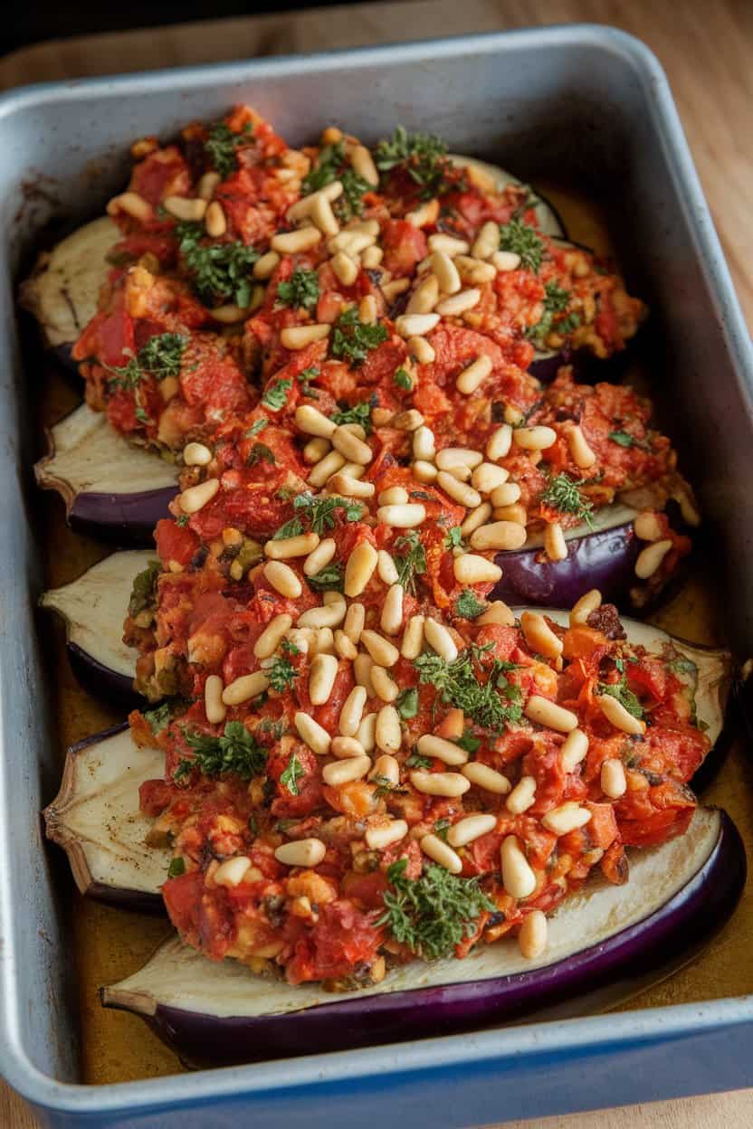 Indoor baking dish with halved eggplants overflowing with tomato, onion, and herb filling, pine nuts sprinkled, no text or logos.