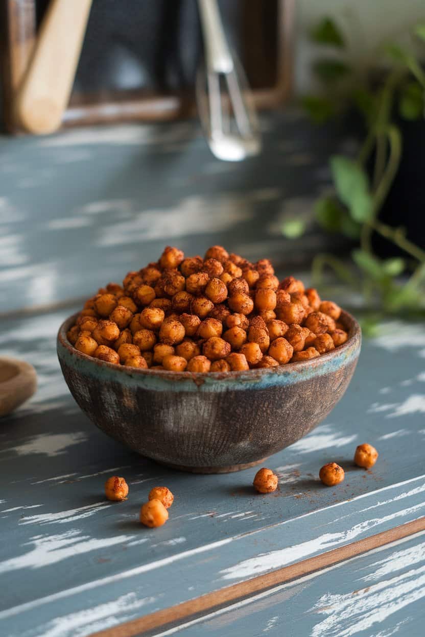 An indoor countertop scene with a small rustic bowl overflowing with crunchy roasted chickpeas coated in chili powder and cumin. Photo, no text or logos.