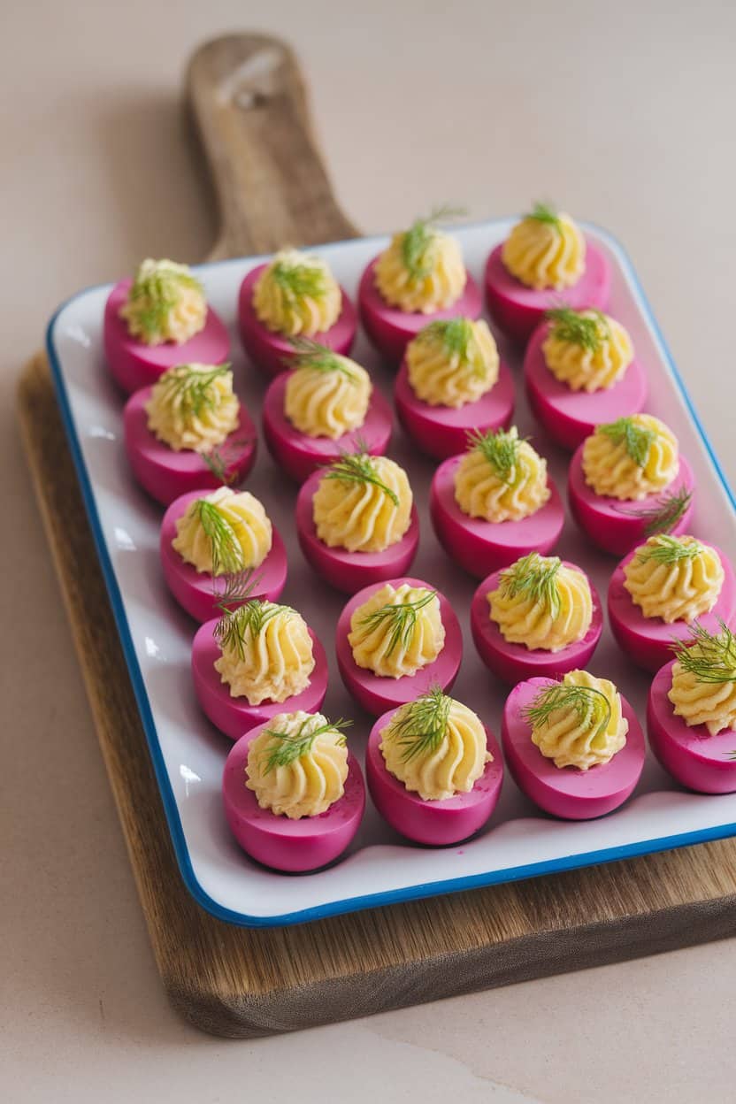 An indoor tray of deviled eggs with shells dyed soft pink from beet juice, yolk filling piped neatly, garnished with dill. No text or logos.
