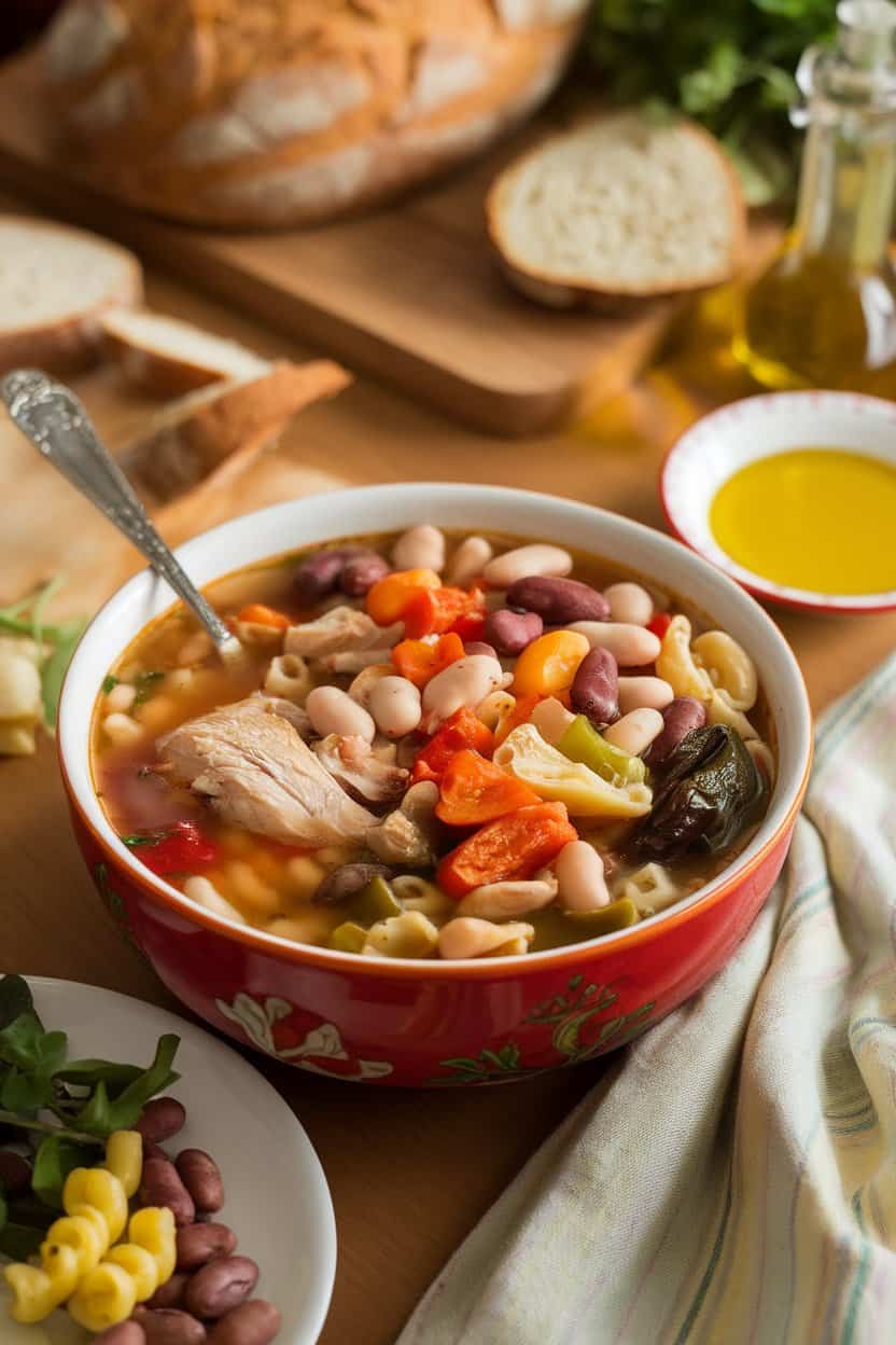 Warm indoor scene showing a colorful bowl of minestrone stocked with chicken, beans, pasta, and vegetables; no text or logos.