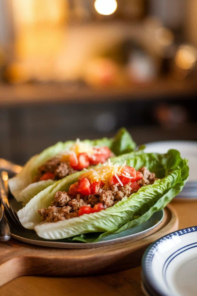 A platter of crisp romaine leaves filled with seasoned ground turkey, diced tomatoes, and shredded cheese, photographed indoors with warm lighting. No logos present. Photo only.