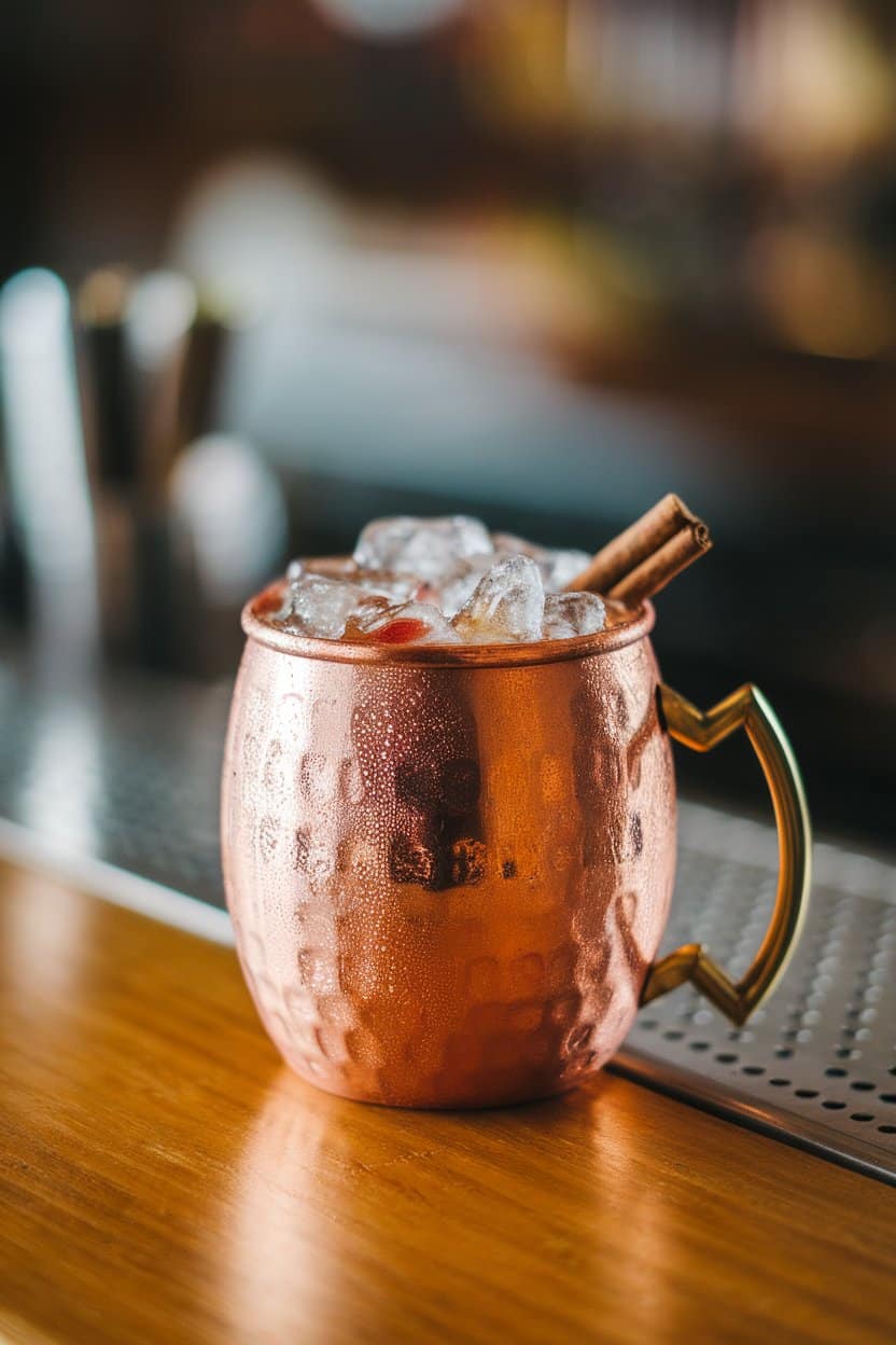 Photo of a copper mug on an indoor bar, filled with amber apple mocktail, crushed ice domed over the rim, cinnamon stick garnish, condensation visible; no text or logos