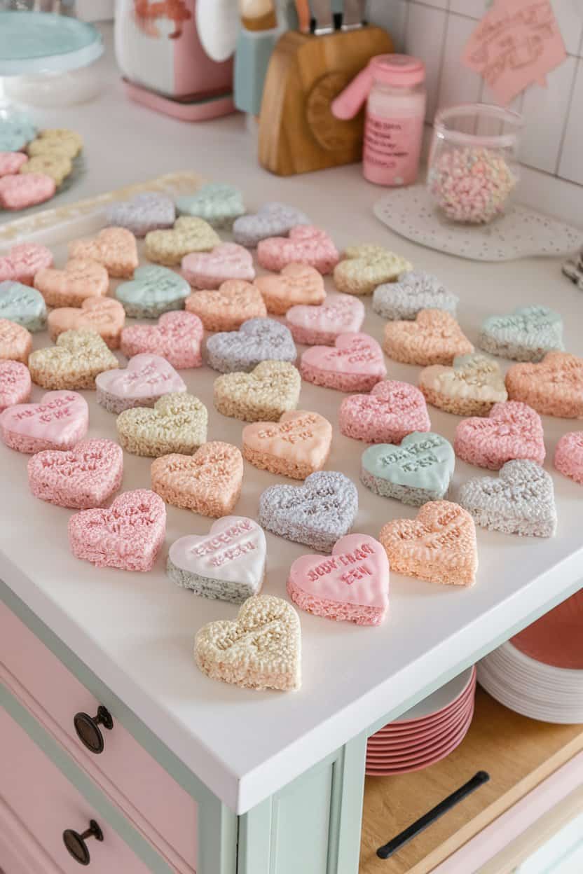 An indoor kitchen island covered with pastel-colored heart-shaped Rice Krispie treats, each brushed with light icing and edible marker messages. No text or logos on background items.