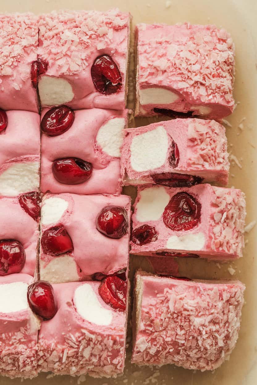 Indoor cutting board with pink-flecked Fifteens traybake rolls sliced into bite-size rounds, visible marshmallow pieces and glacé cherries, coconut coating around edges. No text or logos. Photo.