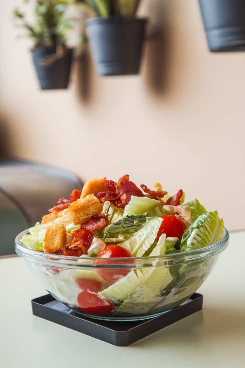Photo of an indoor diner-style table featuring a bowl of chopped romaine, cherry tomatoes, crispy bacon pieces, and croutons, lightly coated in creamy buttermilk dressing. No text or logos anywhere.