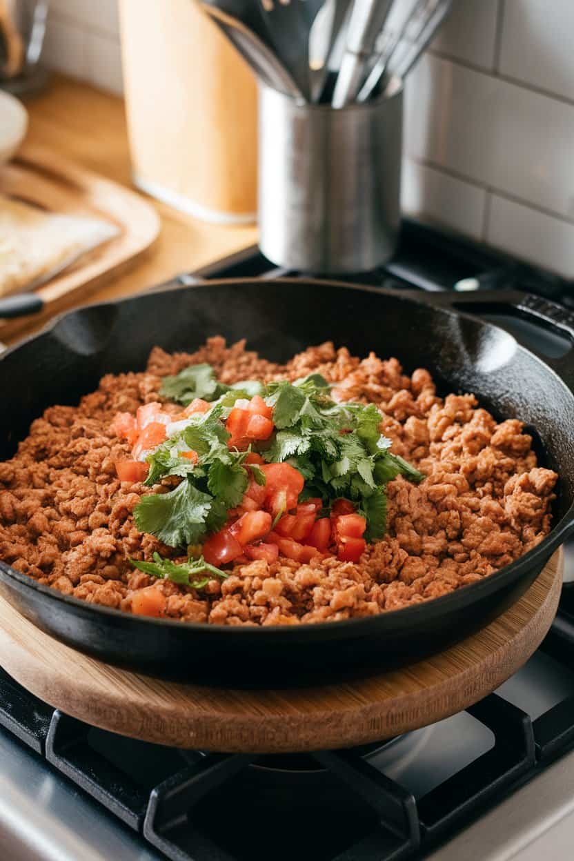 A warmly lit indoor stovetop scene showing a cast-iron skillet filled with cooked, seasoned ground turkey sprinkled with chopped cilantro and diced tomatoes. No text or logos anywhere in view; photo, not illustration.