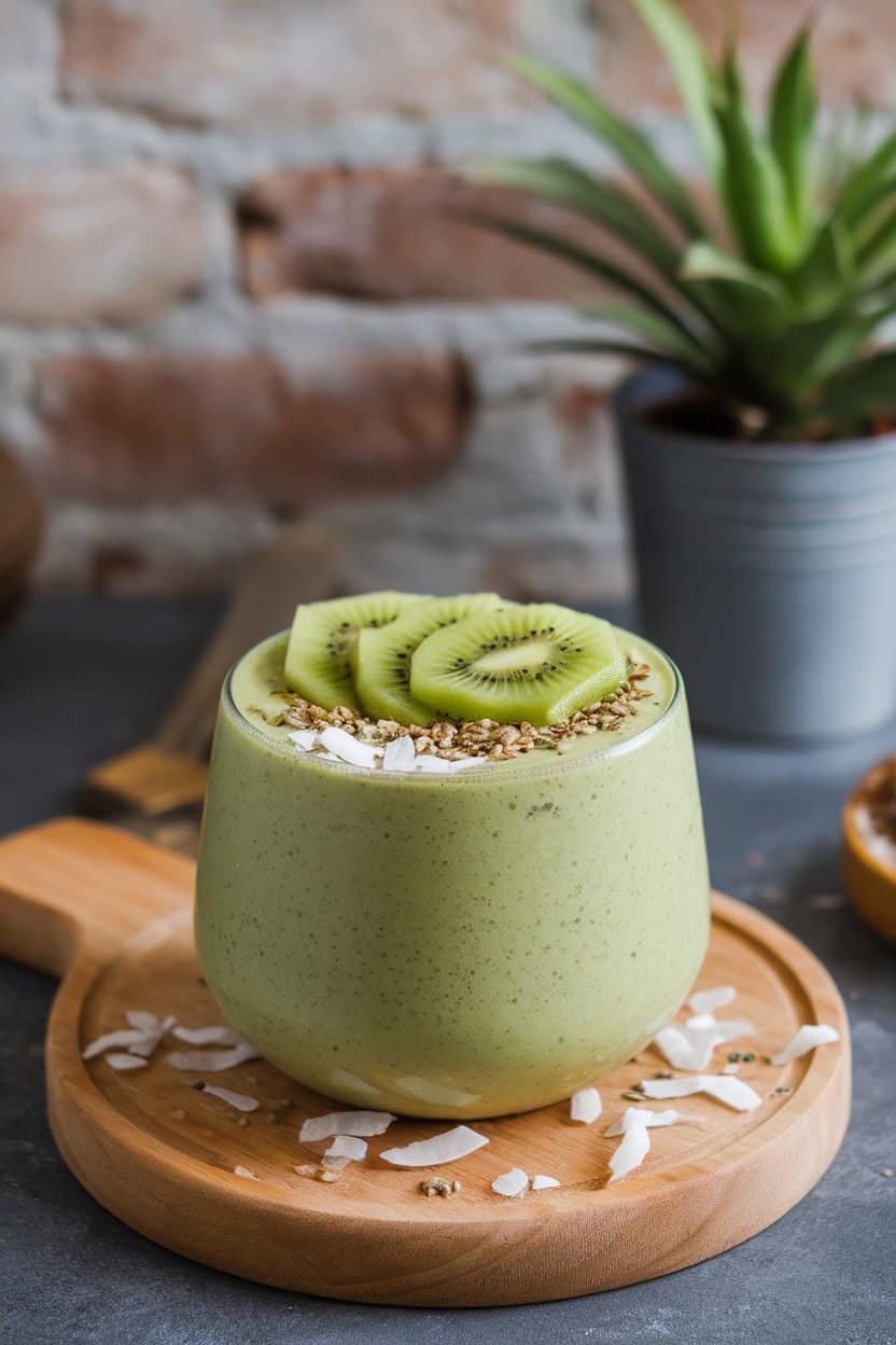 Indoor photo of a matcha-green smoothie bowl topped with sliced kiwi, coconut flakes, and hemp seeds; no text or logos