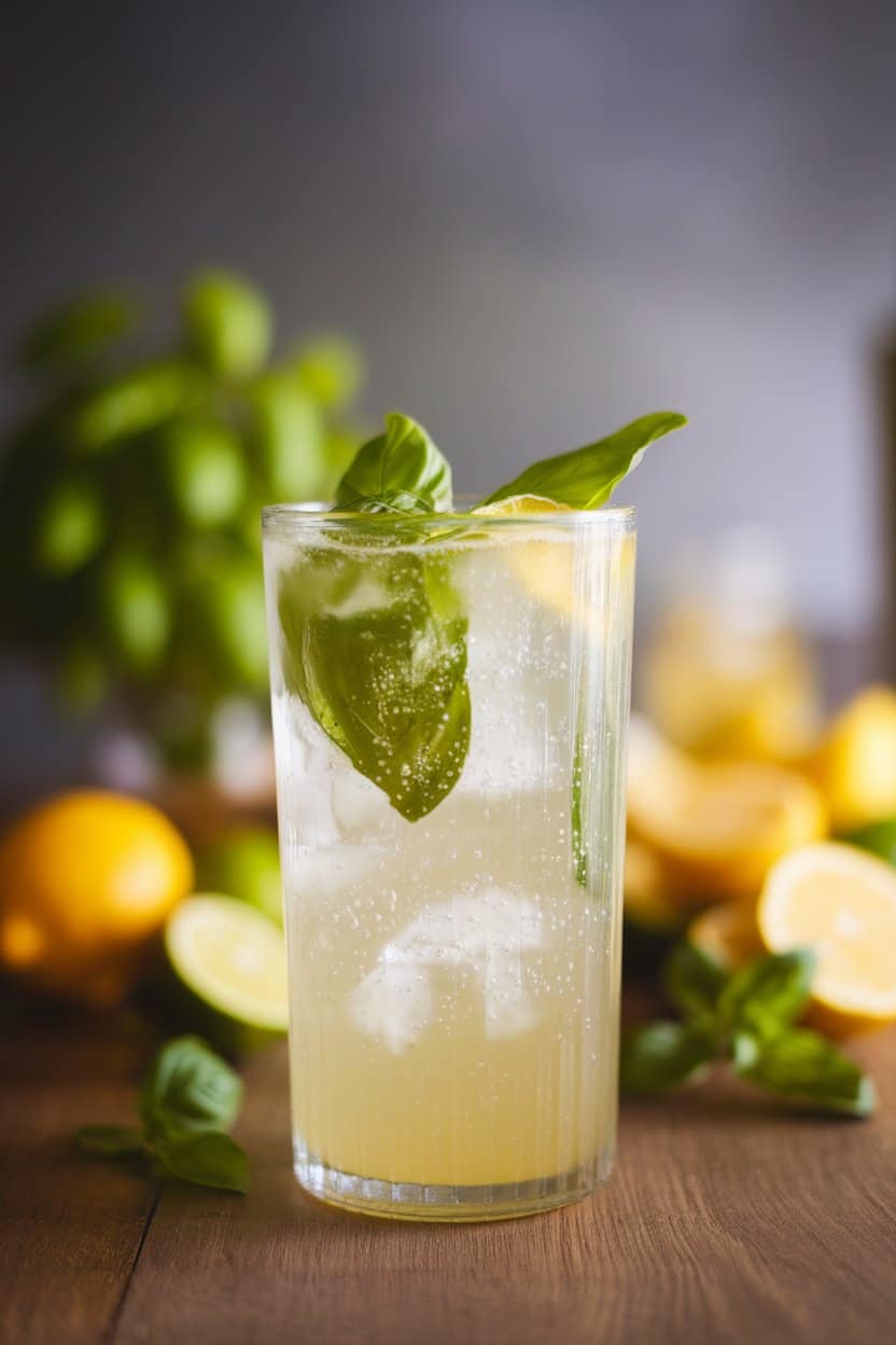 Indoor tabletop photo of a tall glass of pale yellow lemonade with basil leaves suspended among ice and delicate bubbles rising; no text or logos.