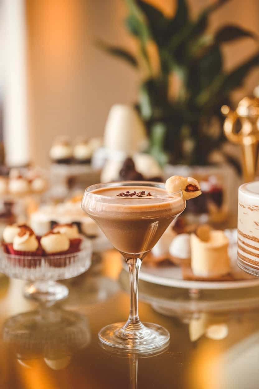Photo of an indoor dessert bar, chilled martini glass filled with mocha-brown drink, slight sheen, hazelnut on rim, no text or logos