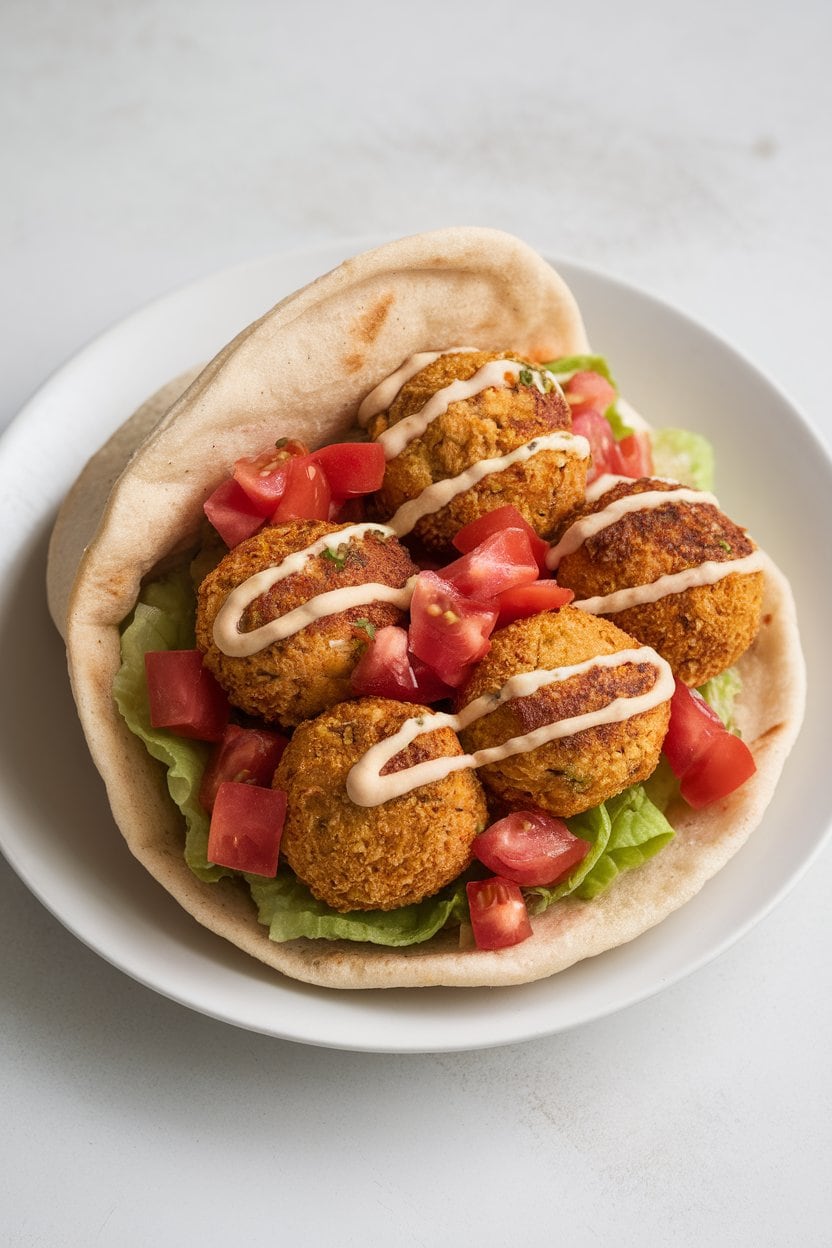 Indoor counter showing a pita stuffed with crispy falafel balls, diced tomatoes, and tahini sauce drizzle. Photo, no text or logos.