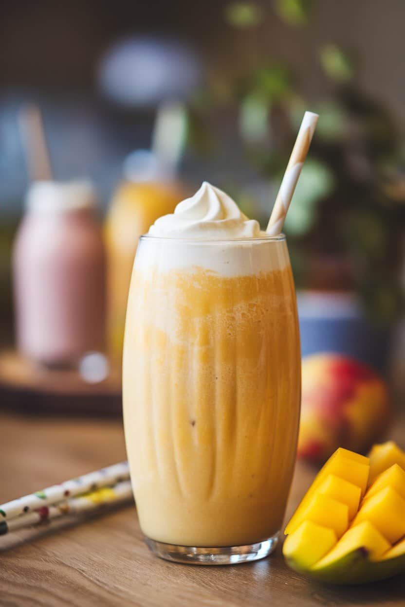 Indoor photo of a tall smoothie glass containing thick mango lassi with a swirl of yogurt on top; no text or logos visible.