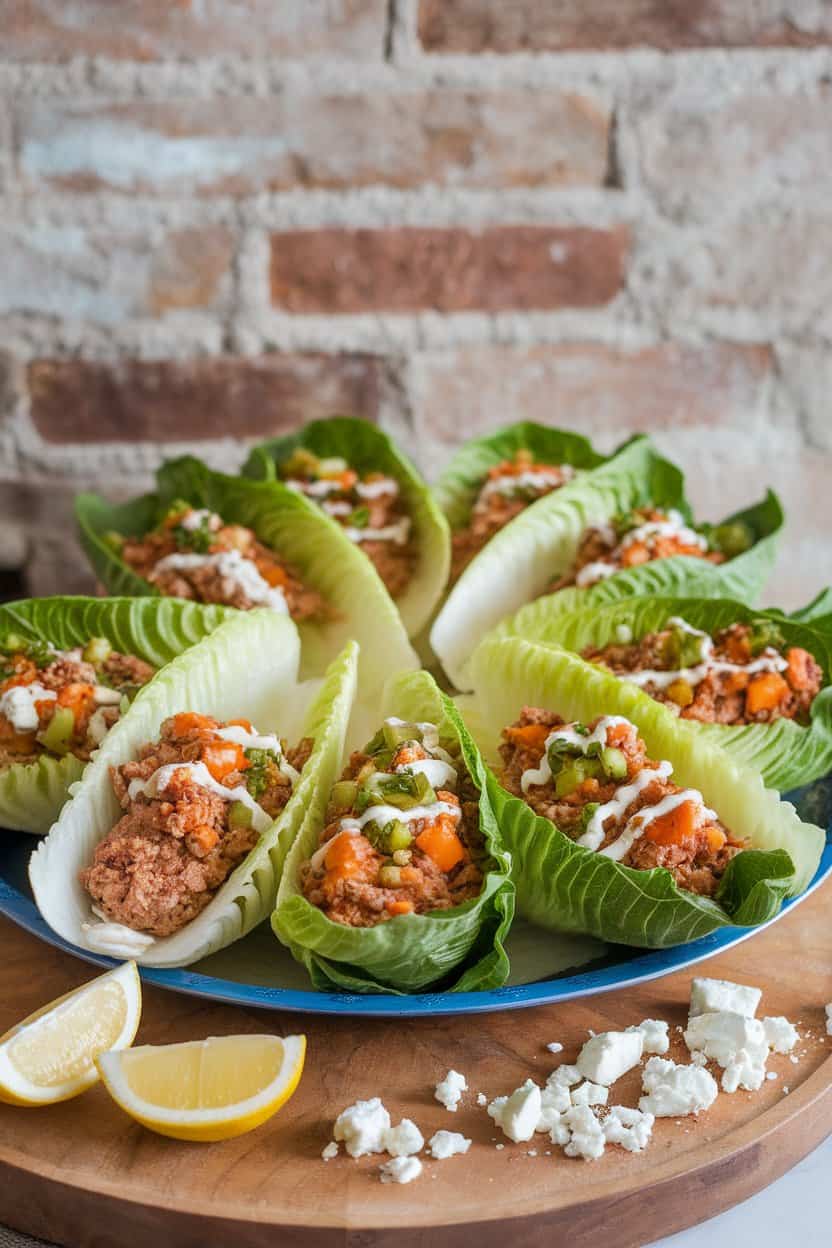 Indoor photo of crisp romaine leaves filled with ground turkey, diced veggies, and a drizzle of light sauce; arranged on a platter, no text or logos