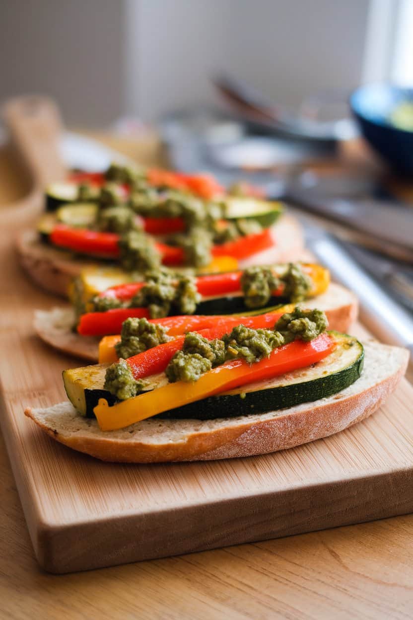 Photo of an indoor cutting board featuring a sliced flatbread topped with roasted zucchini, bell peppers, and a drizzle of vegan pesto. No text or logos anywhere.