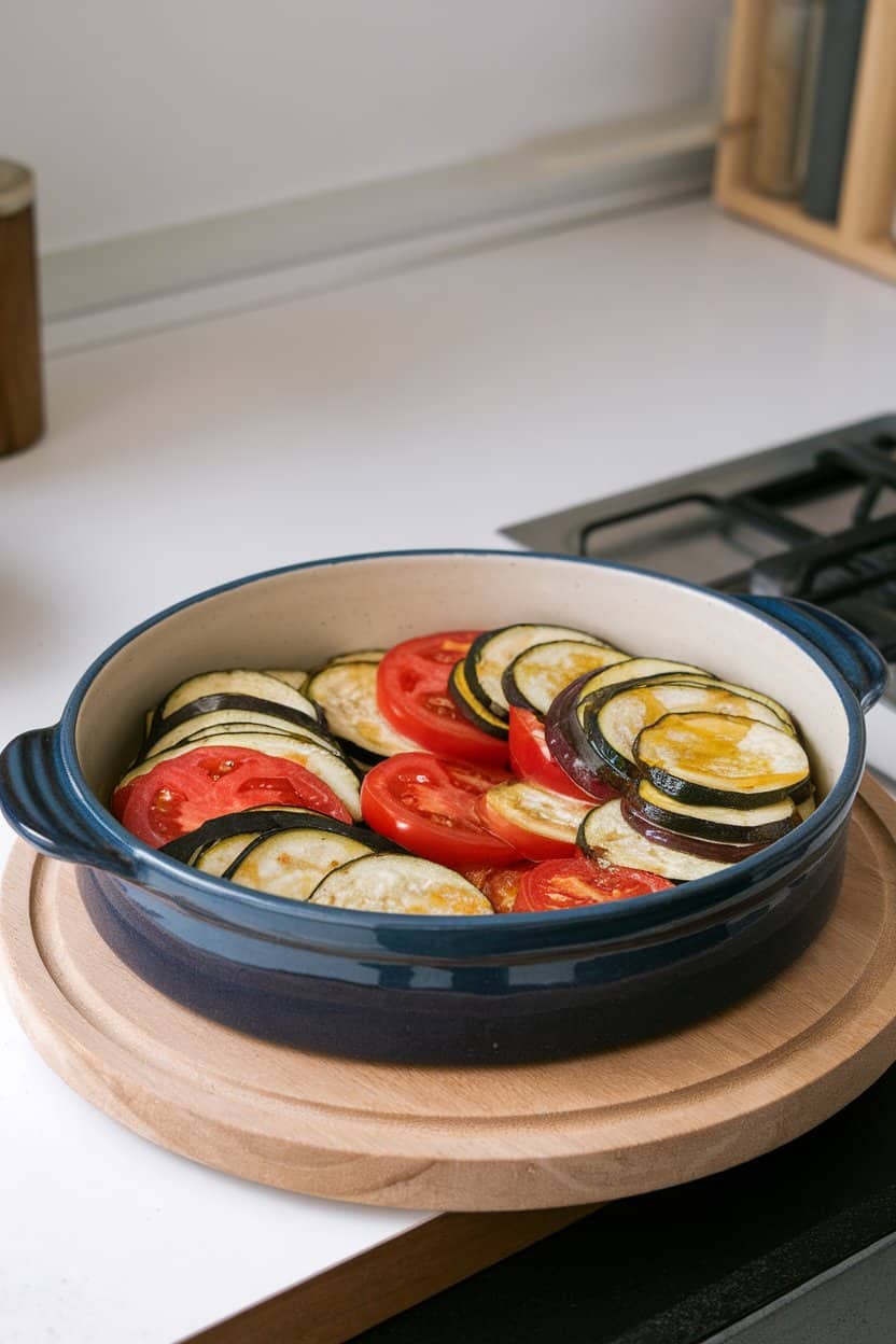 Photo of a ceramic baking dish filled with layered, cooked rounds of zucchini, eggplant, and tomato glazed with olive oil, all taken on an indoor kitchen counter. No text or logos present.