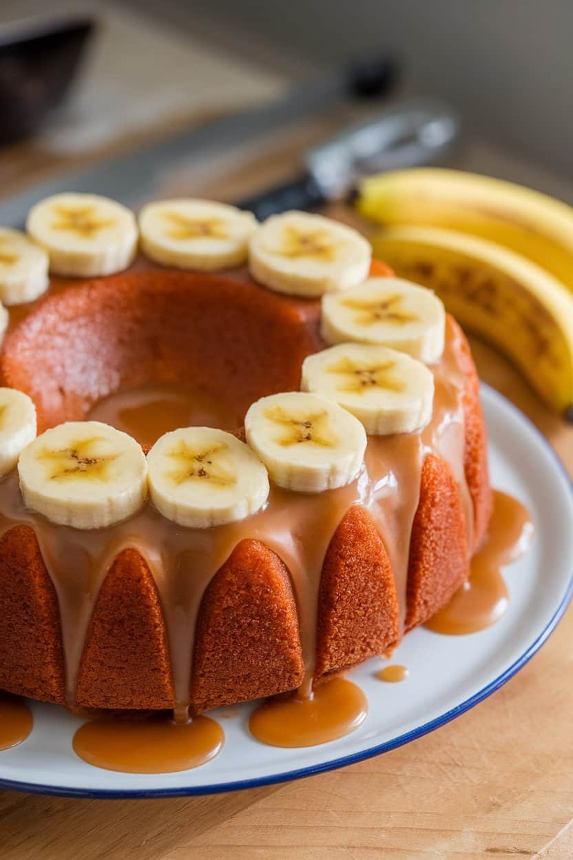 Indoor shot of an upside-down cake topped with caramelized banana slices and a rum caramel glaze pooling around the edges. No text or logos.