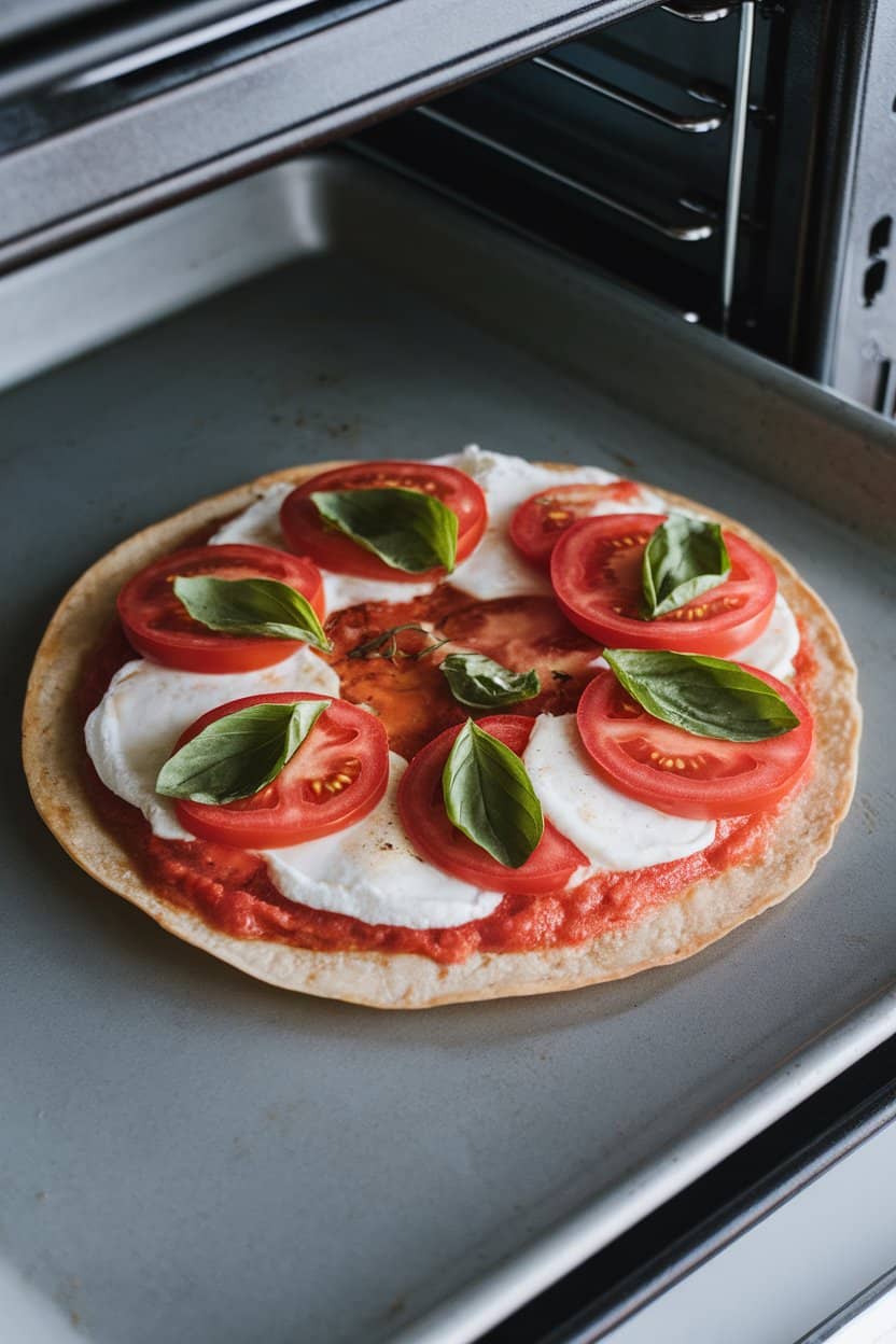Indoor oven tray featuring a crisp tortilla topped with melted mozzarella, tomato slices, and basil leaves. Photo, no text or logos.