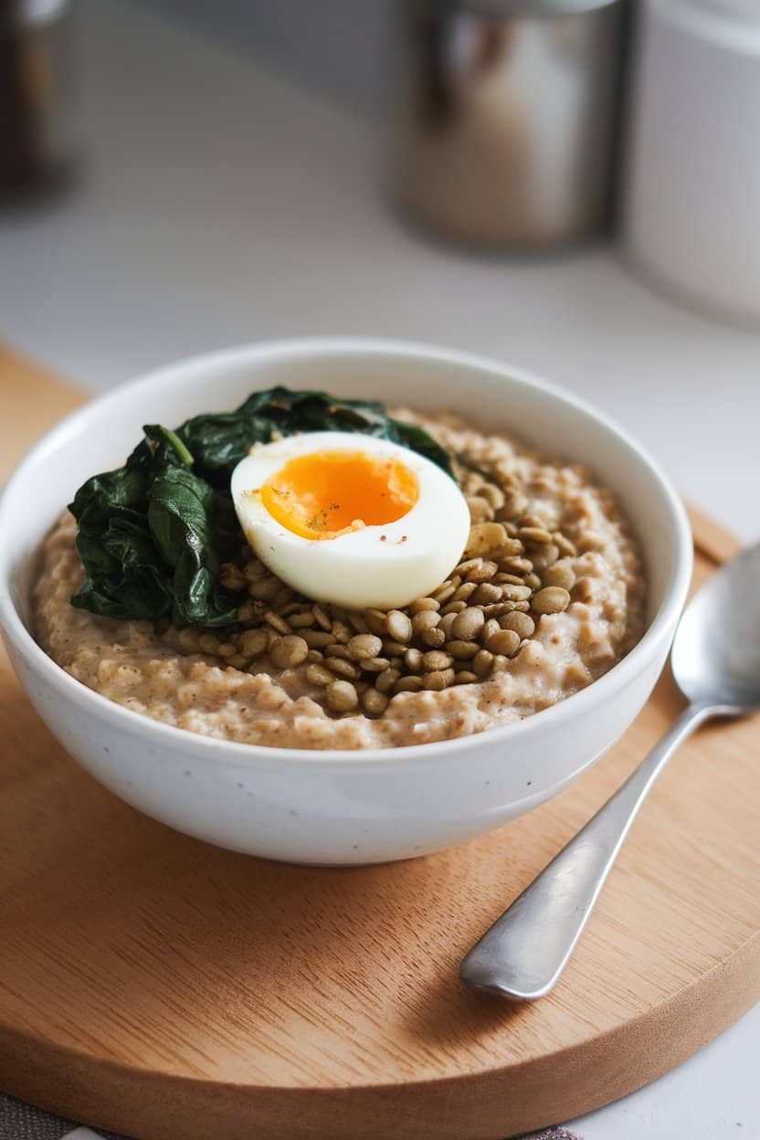 Indoor photo of a bowl of thick oatmeal mixed with green lentils, topped with sautéed spinach and a soft-boiled egg; no text or logos